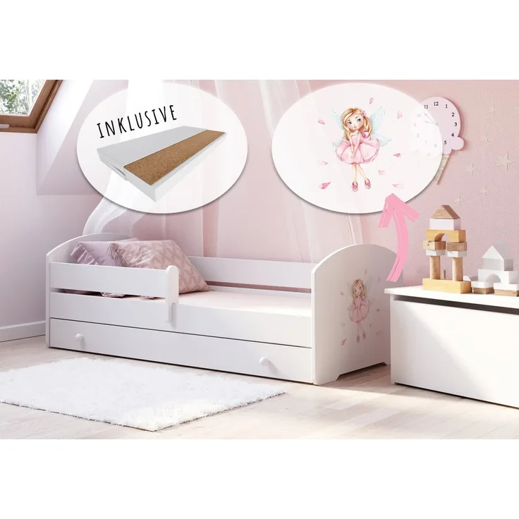 Kids Collective Kinderbett Komplettbett 70x140 cm, 80x160 cm mit Matratze und Schublade (Bett für Jungen und Mädchen), Bettkasten, viel Stauraum, Prinzessin, 140 x 70 cm
