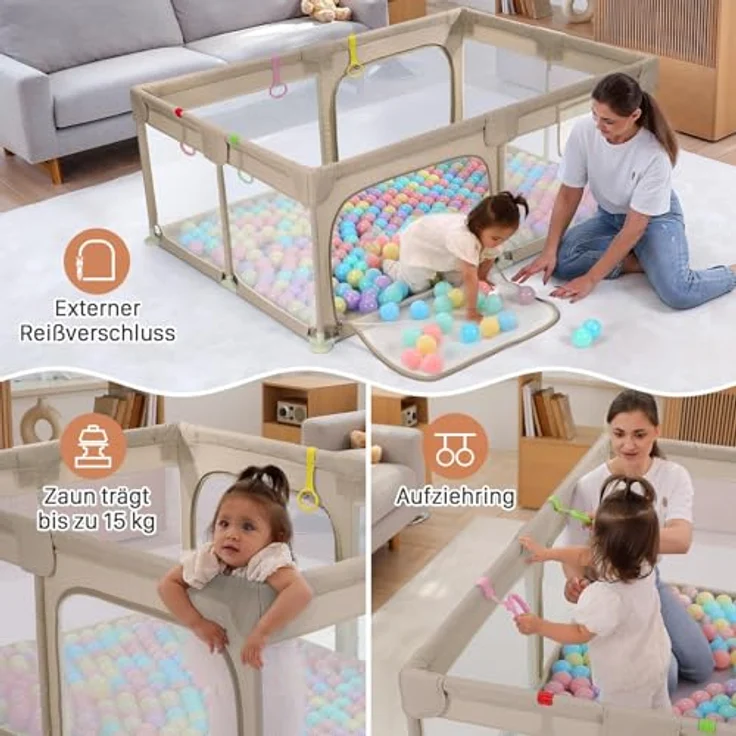Dripex Laufgitter Laufgitter Laufgitter aus nachhaltigem Leinenstoff Laufgitter 120x180 cm XXL Kinderlaufgitter Großer Sicherheitsbereich mit 5 Laufgitterringen braun – Bild 4