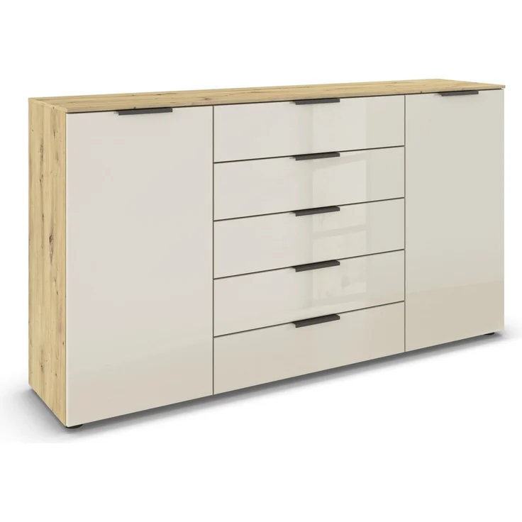 Rauch Möbel Flipp, Kommode für Schlafzimmer, Kinderzimmer, Wohnzimmer, Jugendzimmer, Flur, Garderobe, 2-türig, 5 Schubladen, mit Softclose-Funktion, Farbe Eiche Artisan, Holz/Glas Beige, Breite 180 cm – Bild 1