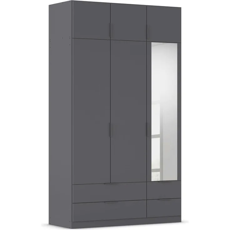 Rauch Möbel Lagoa, Kleiderschrank, Garderobe für Schlafzimmer, Kinderzimmer, Jugendzimmer 6-türig, mit Spiegel, 4 Schubladen, mit Zubehör Classic, Farbe Grau metallic, Schwarz, Breite 136