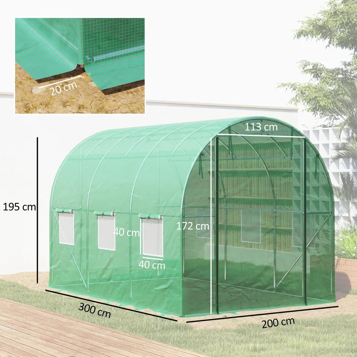 MELAYR, Polytunnel Gewächshaus mit Kunststoff-Abdeckung und Stahlrahmen, 300 x 200 x 195 cm, Grün – Bild 5