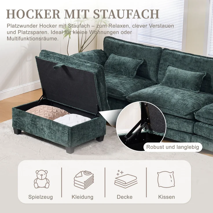LVHOM 3-Sitzer Sofa mit Hocker, L-Form Ecksofa mit Stauraum, Modulares Sofa mit USB-C-Anschluss, Handyhalter und Seitentaschen, weiche Chenille-Stoff, Couchgarnitur, Grün – Bild 4