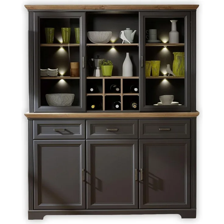 Buffet JASMIN Vitrine in graphit und Artisan Eiche mit LED 166x204 cm