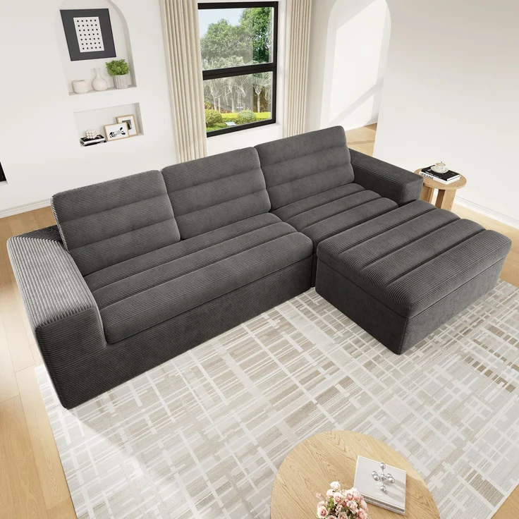 Ecksofa 253 x 161 x 89 cm in Dunkelgrau, modulares Cordsofa mit Hocker, rahmenloser Schaumstoffpolsterung – Bild 2