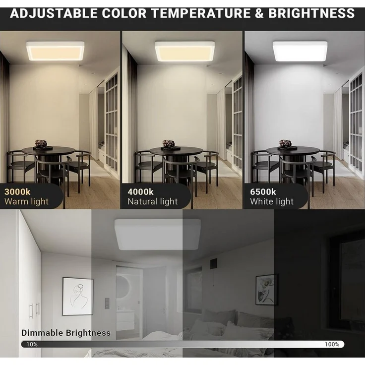 LQWELL Deckenleuchte LED Deckenlampe Dimmbar mit Fernbedienung, Flache Deckenbeleuchtung, QUAD, LED fest integriert, 24W 2500LM, 3000-6500K RGB Weiß, für Wohnzimmer Schlafzimmer Esszimmer Balkon Korridor, 300 * 40mm – Bild 2