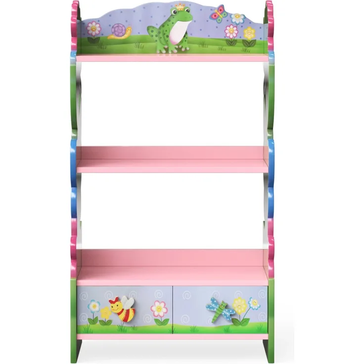 Teamson Kids Fantasy Fields Magic Garden, Mehrstöckiges Bücherregal aus Holz mit Blumenverzierung und zwei Schubladen