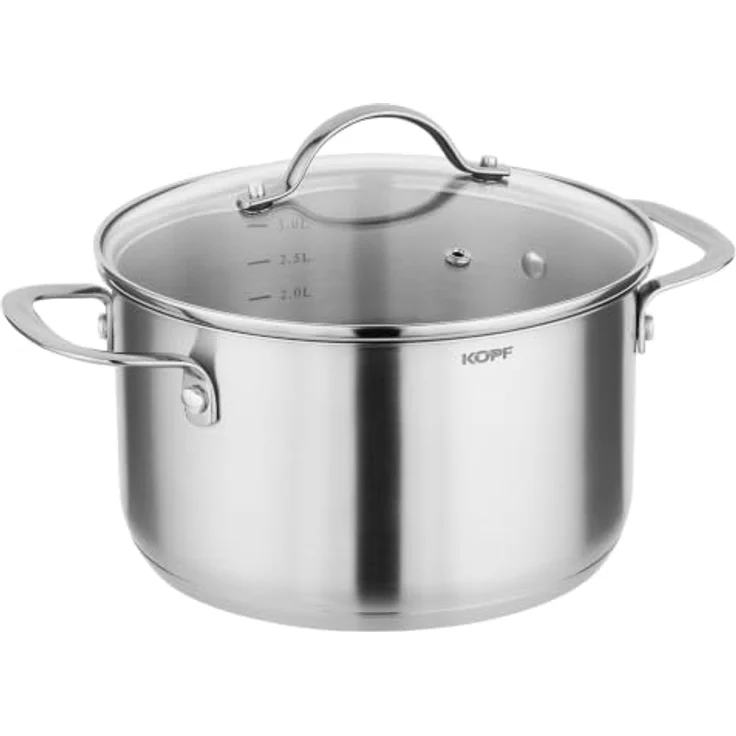 Kopf Topf-Set Clara, Edelstahl, 10-teilig mit 4 Kochtöpfen, Bratpfanne, Schmorpfanne, Stielkasserolle und 3 Glasdeckeln, für alle Herdarten inkl. Induktion, spülmaschinengeeignet und backofenfest – Bild 15