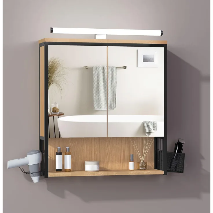 EUGAD Spiegelschrank Bad mit Beleuchtung, Badezimmerschrank mit Spiegel, Badschrank hängend, mit Verstellbarer Ablage Halter Korb, aus Metall MDF, schwarz + helle Eiche