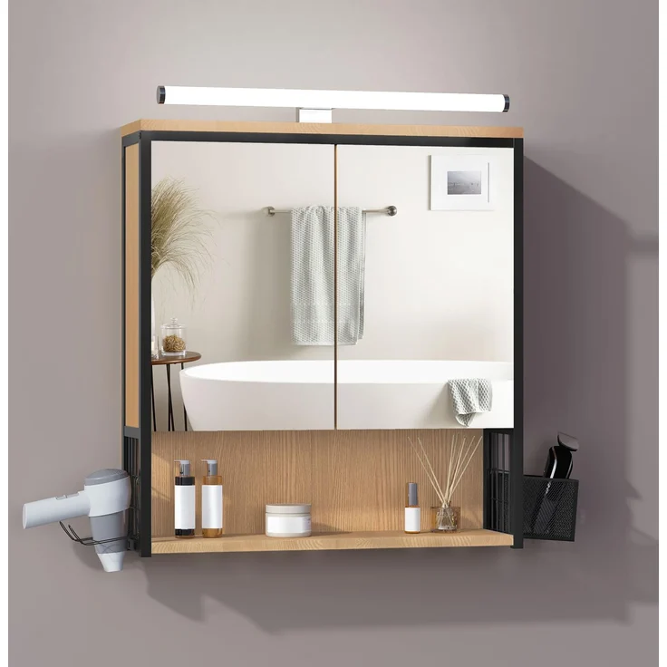 EUGAD Spiegelschrank Bad mit Beleuchtung, Badezimmerschrank mit Spiegel, Badschrank hängend, mit Verstellbarer Ablage Halter Korb, aus Metall MDF, schwarz + helle Eiche