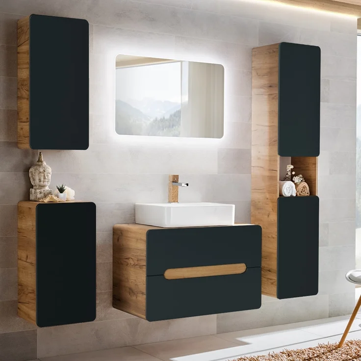 Badezimmer Hochschrank NEW-LUTON in seidenmatt anthrazit mit Wotan Eiche Nb, B/H/T ca. 35/170/32 cm – Bild 7