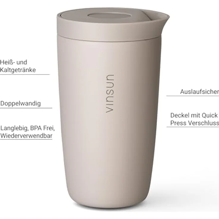 Vinsun Thermobecher Edelstahl Isolierbecher 350ml - Kaffeebecher to Go auslaufsicher, 2-tlg, Edelstahl, Doppelwandig, BPA frei, bruchfest, Einhandbedienung per Knopfdruck – Bild 3