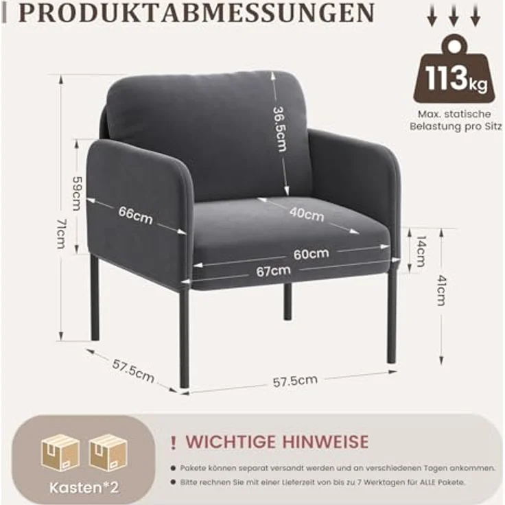 COLAMY Gepolsterter Ohrensessel 2er Set aus Samt – Moderner Lounge-Sessel mit weicher Rückenlehne, Komfortabler Sessel für Wohnzimmer, Schlafzimmer, Apartment & Leseecke, Grau – Bild 3