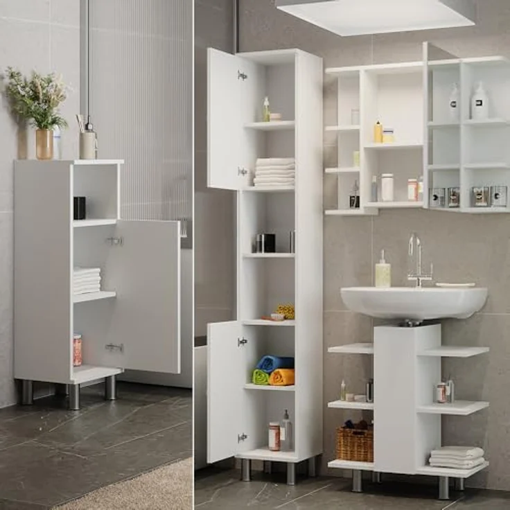 Vicco Fynn Badmöbelset, Weiß, mit Waschbeckenunterschrank, Spiegelschrank, Hochschrank und Midischrank – Bild 5