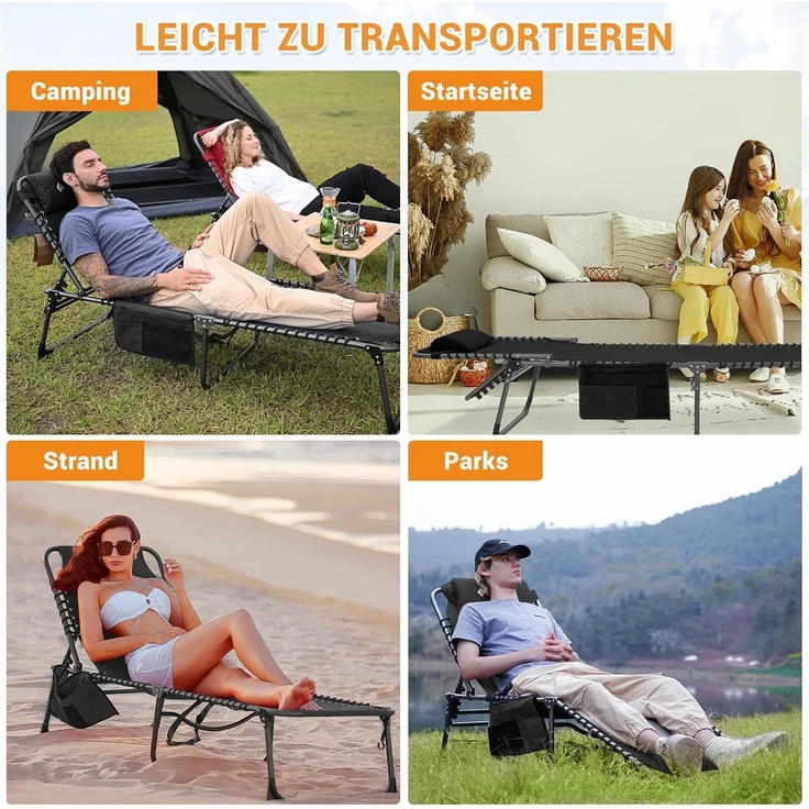 KingCamp Campingliege Sonnenliege Gartenliege klappbar 5-Stufig Verstellbarer Rückenlehne Liege Gartenstuhl Strandliege Camping Klappbett mit Kopfkissen für Garten Urlaub Outdoor Strand Pool – Bild 8
