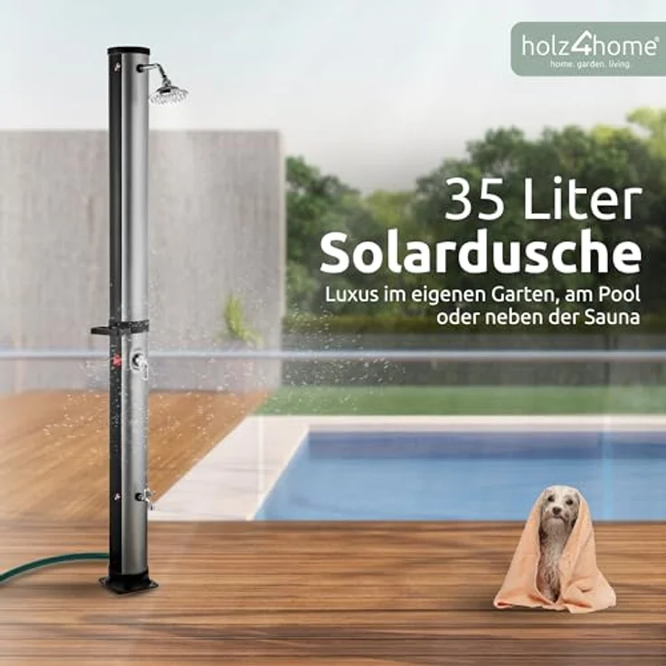 holz4home® Solardusche Gartendusche Aussendusche mit Warmwasser I Pooldusche Saunadusche, Mit Fußdusche und Seifenablage – Bild 1