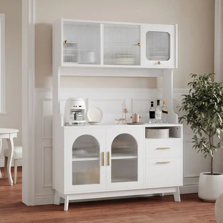 Buffetschränke, Esszimmer-Hochschrank 120*40*178 cm, mehrstufigem Stauraum, integrierter Steckdose sowie USB-C- und USB-A-Anschlüssen, Weiß – Bild 1