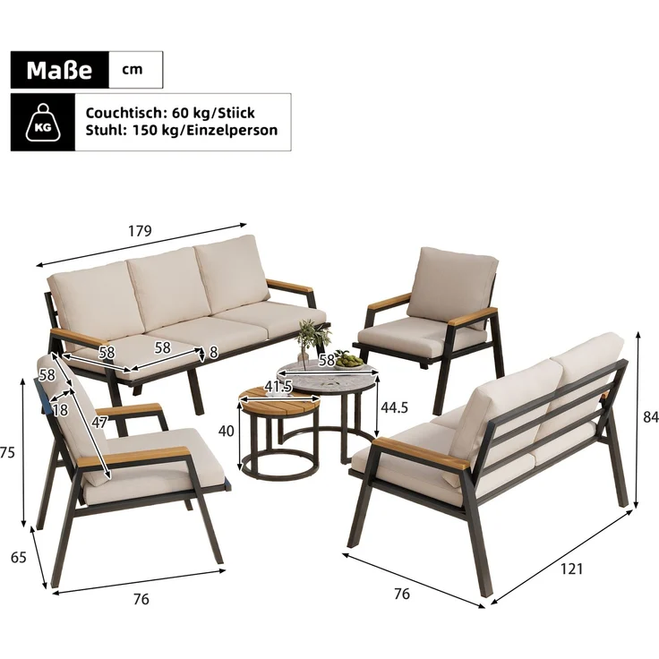 Merax Gartenlounge-Set, Gartenmöbel-Set mit bequemen Kissen, mit 2 Couchtische, Marmor lackierte Glasplatte und Kunststoff-Holzplatte, graubeige – Bild 4