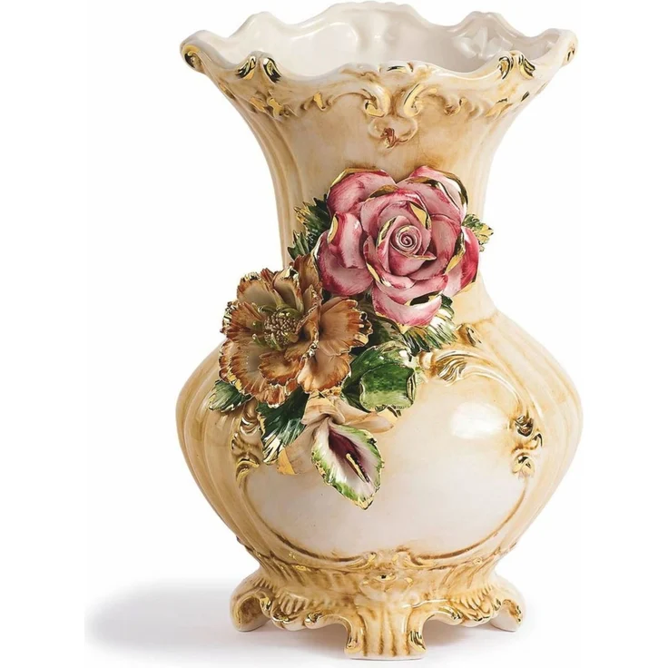 Casa Padrino Luxus Barock Keramik Vase Beige / Bunt / Gold H. 42 cm - Made in Italy