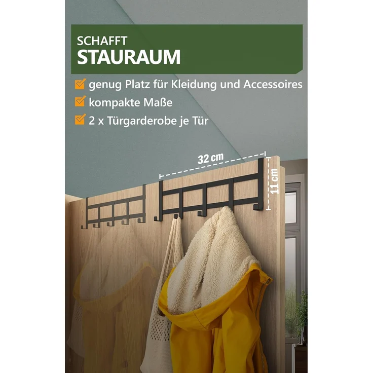 4smile Türgarderobe zum Einhängen - Universelle Türhaken für deutsche Türen, Kleiderhaken Tür - Stabile Türhakenleiste, Haken zum Einhängen als Ordnungshelfer, Fb. Schwarz – Bild 3