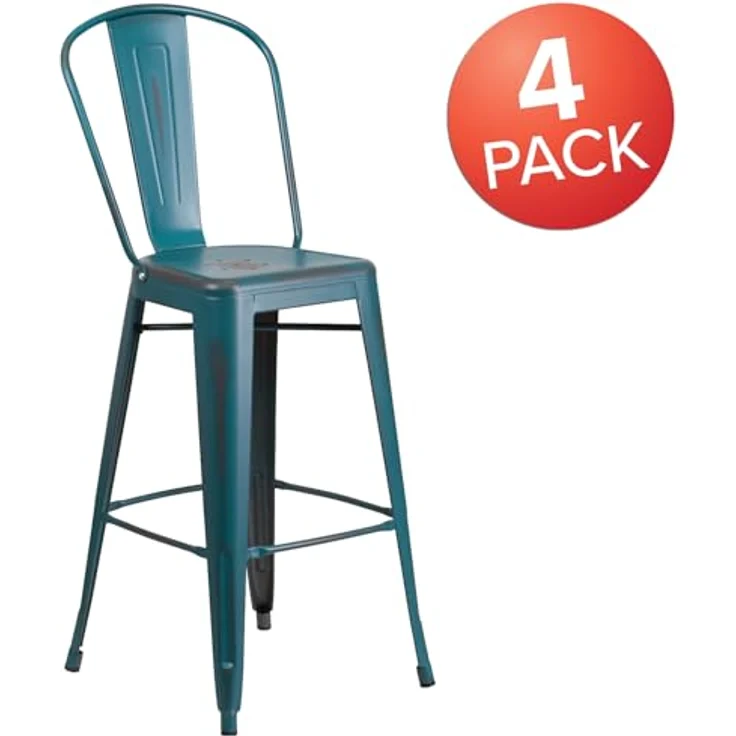 Flash Furniture Blake Barhocker mit Rückenlehne, kommerzielle Qualität, 76,2 cm hoch, Used-Look, Blaugrün, Metall, für drinnen und draußen, 4 Stück – Bild 5