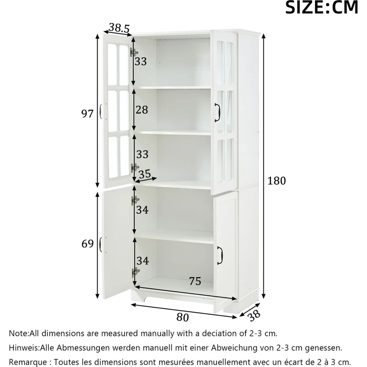 DESVIAE Vitrine mit LED-Beleuchtung und Glastüren 80x180x38 cm Spanplatte Weiß – Bild 10