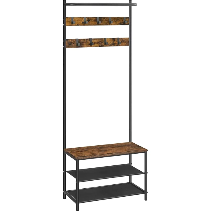 Vasagle Garderobenständer mit 9 abnehmbaren Haken und Sitzbank, Holzwerkstoff vintagebraun / schwarz, 32,2 x 64 x 180 cm