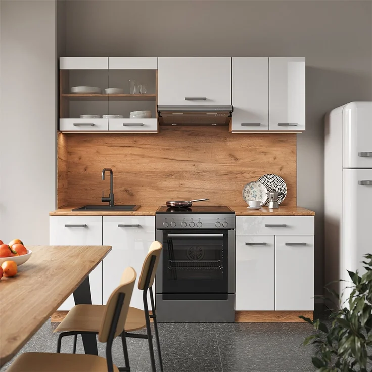 Küchenzeile R-Line Weiß Hochglanz/Goldkraft Eiche 200 cm , AP Anthrazit Vicco – Bild 4