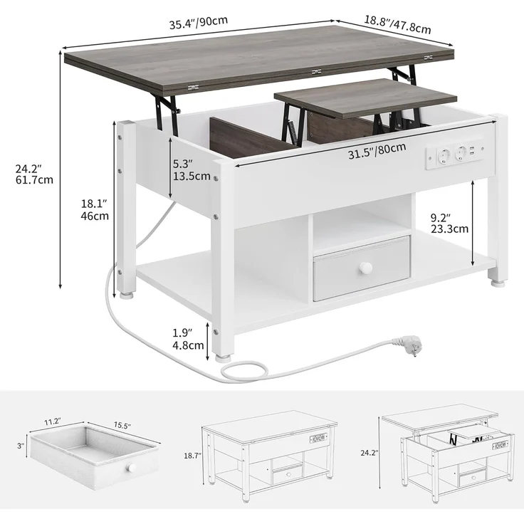YITAHOME Couchtisch mit Höhenverstellbarer, 4-in-1-Multifunktions-Couchtisch mit Stauraum und LED Beleuchtung, Couchtisch lässt Sich in einen Esstisch für das Wohnzimmer umwandeln, Weiß&Grau – Bild 3