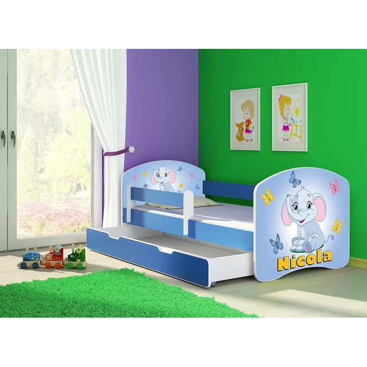 ACMA Kinderbett Jugendbett mit Einer Schublade und Matratze Blau mit Rausfallschutz Lattenrost II 140x70 160x80 180x80 (26 Elefant, 160x80 + Bettkasten) – Bild 3