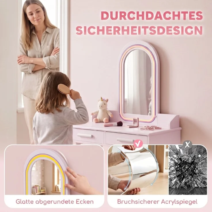 inder Schminktisch Set 2 in 1 Frisiertisch Schreibtisch mit Hocker LED-Spiegel in 3 Lichtfarben 2 Schublade 3-8 Jahre--Rosa--60x36x100cm--YOUDENOVA – Bild 6