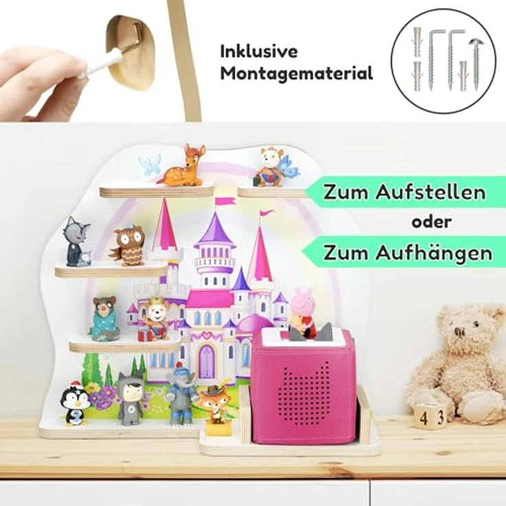 stadtecken Holzregal für Musikbox I passend für die Toniebox und ca. 35 Tonies I Perfekte Aufbewahrung im Kinderzimmer I zum Aufstellen oder Aufhängen (Märchenschloss) – Bild 7