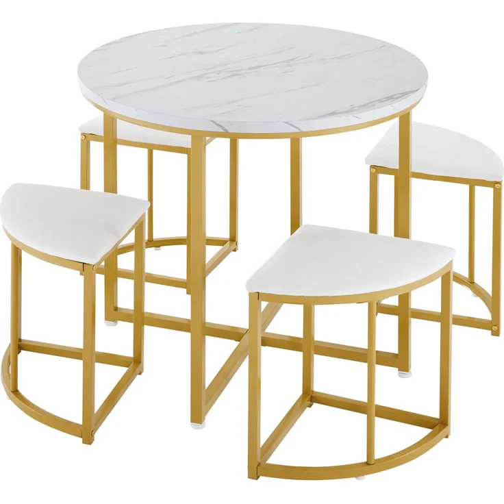 Runder Esstisch 80 cm mit 4 Samtstühlen, MDF Tischplatte weiß, Essgruppe mit vergoldetem Metallrahmen für Küche & Esszimmer – Bild 6
