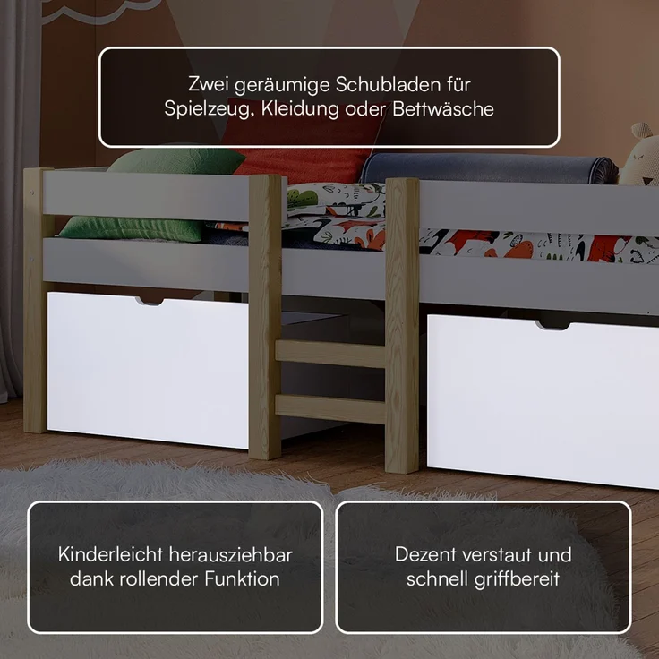 Bellabino 'Aspy' Halbhochbett 90x200 cm mit Matratze, weiß, Kinderbett mit 2 Schubladen, Rausfallschutz und Lattenrost, Hochbett mit Leiter – Bild 8