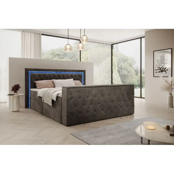 Boxspringbett Arosa TV, Boxspringbett mit Schubladen, TV-Lift LED Beleuchtung, Doppelbett mit Matratze, Samt, 180 x 200 cm, Schwarz