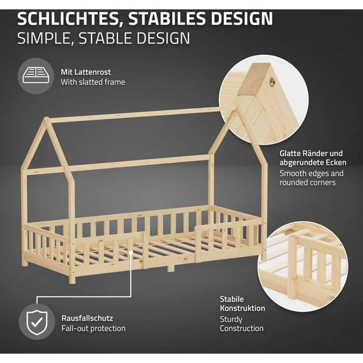 ML-DESIGN Spielbett Hausbett Kinderbett inkl. Lattenrost kreativ Bodenbett für Kinder, Abenteuerbett ohne Matratze 90x200cm Holzbett Natur Kiefer Bettgestell – Bild 2