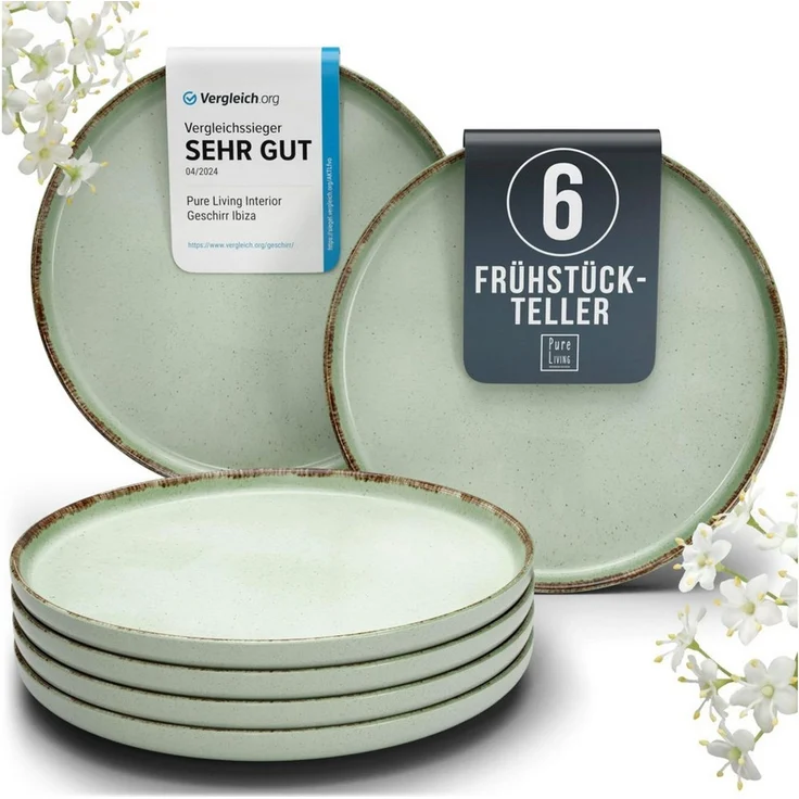 PURE LIVING INTERIOR DESIGN Geschirr-Set Rustic Dessertteller, Frühstückteller, 6er-Set, 20 cm, Mintgrün, 6 Personen, Steingut, Authentischer Landhausstil, Reaktive Glasur – jedes Stück ein Unikat,… – Bild 1