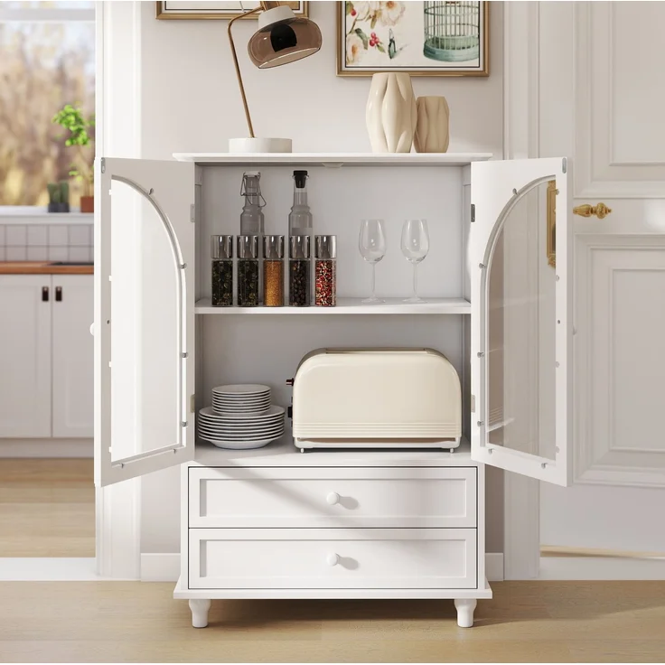 Vorratsschrank 71 x 38 x 106,5 cm mit gewölbten Glastüren und 2 Schubladen – Weiß – Bild 2