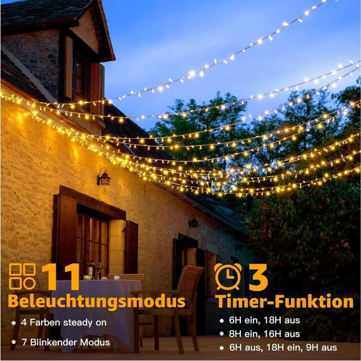 Diyarts LED-Lichterkette, 100-flammig, Bunt & Warmweiß, 2x10m, IP44, 4-in-1, ganzjährige Vielseitigkeit – Bild 2