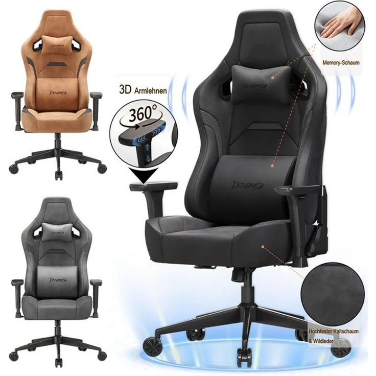 Devoko Gaming-Stuhl Luxuriöser Wildlederimitat,Ergonomisch & Großzügigem Sitz,Bürostuhl, Verstellbare Rückenlehne 90°–135°,3D-verstellbare Armlehnen – Bild 4
