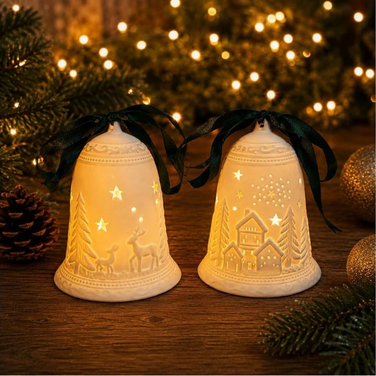 Online-Fuchs LED Dekolicht 2 Glocken aus Keramik mit LED-Beleuchtung - Weihnachtsdeko innen, ausgestanzte Sterne sorgen für ein tolles Lichtspiel, warmweiß oder seichter Farbwechsel wählbar, praktische 6-Stunden Timerfunktion enthalten – Bild 1