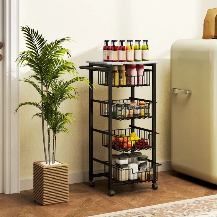 Küchenwagen mit 4 herausziehbaren Körben, pulverbeschichtetes Stahlgestell, 4 Rollen, elegant, bis 22kg, für Küche & Bar – Bild 3