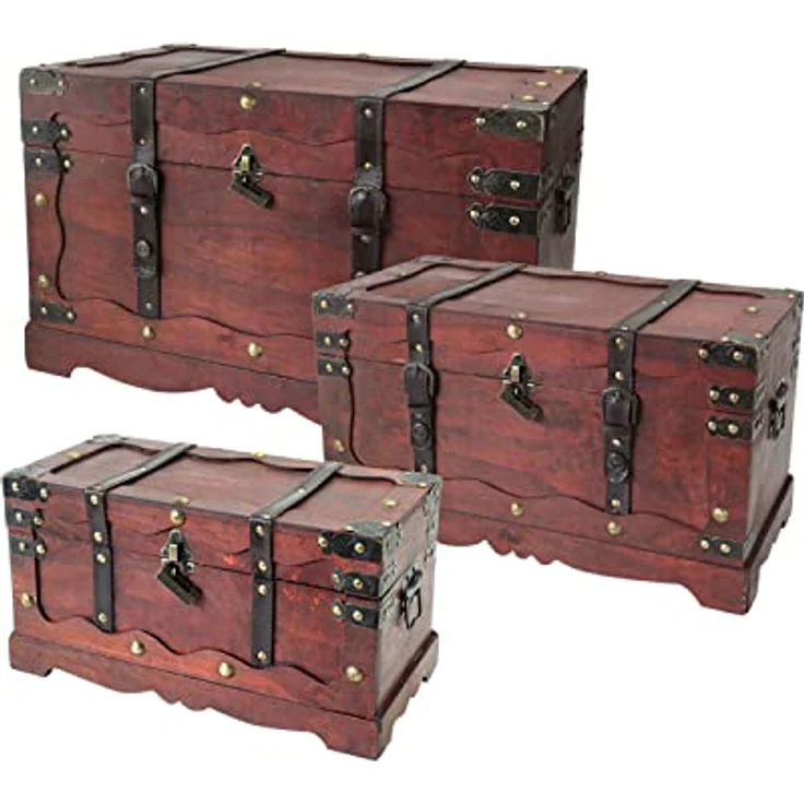 HMF Schatzkiste Schatztruhe Frankreich aus Holz mit dekorativem Metallschloss (3er Set), handgefertigte Holztruhe, verschiedene Größen – Bild 2