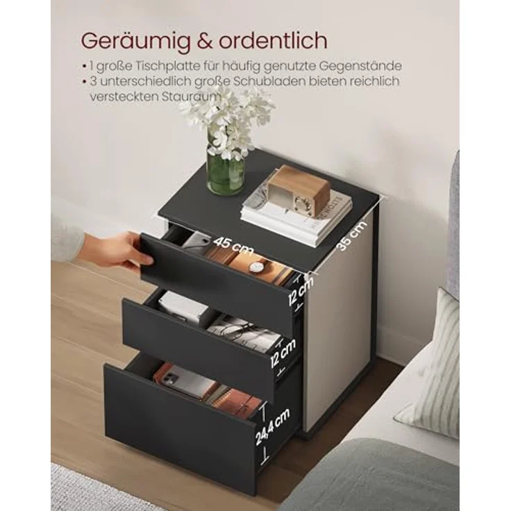VASAGLE Nachttisch, 2er Set, Beistelltisch 3 Schubladen, Superschnelle werkzeuglose Montage, Nachtschrank, Schlafzimmer, Wohnzimmer, Toolless-Technologie, tintenschwarz-cappuccinobeige LET779B01 – Bild 6