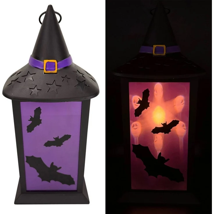 Online-Fuchs LED Laterne mit LED-Kerze & Timer - Halloween Deko für draußen - Outdoor, Geisterköpfe werden projiziert, gruselige Beleuchtung, inklusive praktischer 6-Stunden Timerfunktion