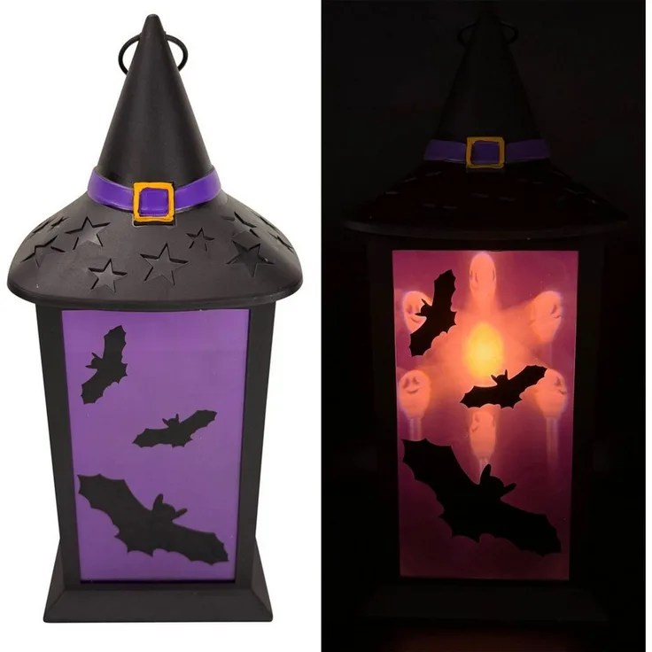 Online-Fuchs LED Laterne mit LED-Kerze & Timer - Halloween Deko für draußen - Outdoor, Geisterköpfe werden projiziert, gruselige Beleuchtung, inklusive praktischer 6-Stunden Timerfunktion