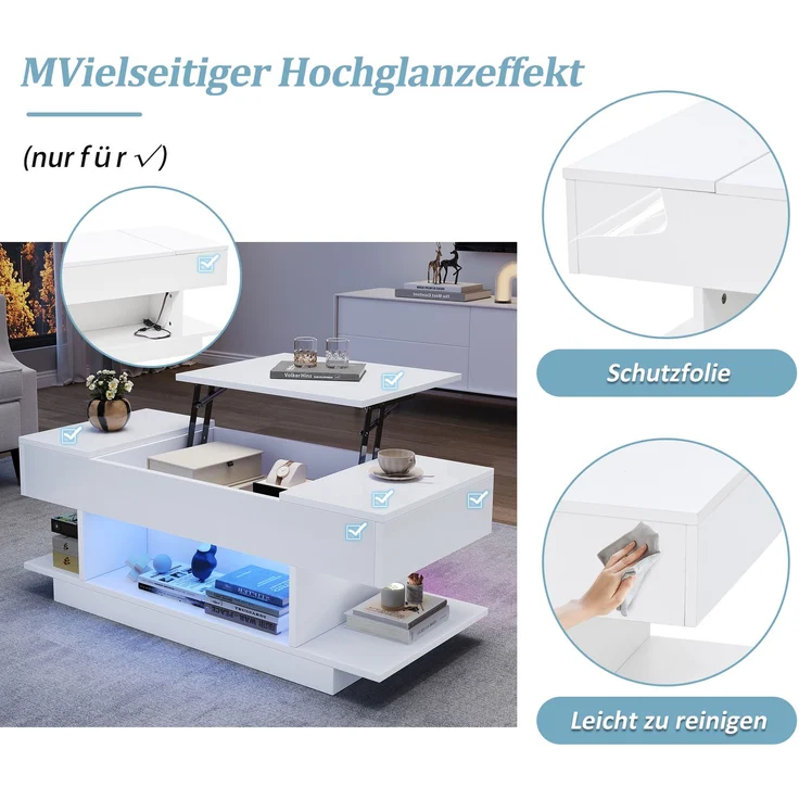 Couchtisch Weiß Hochglanz mit LED, Lift-Top Funktion, seitlichen Ablagen & 4 offenen Fächern, Wohnzimmertisch – Bild 9