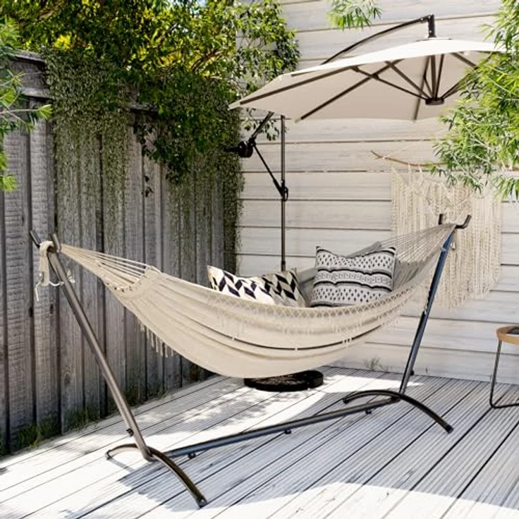 Mondeer Hängematte mit Gestell für 2 Personen - Verstellbare Doppelhängematte im Boho-Stil mit Getränkehalter & robustem Eisengestell, für Terrasse, Garten und Hof, Beige – Bild 5