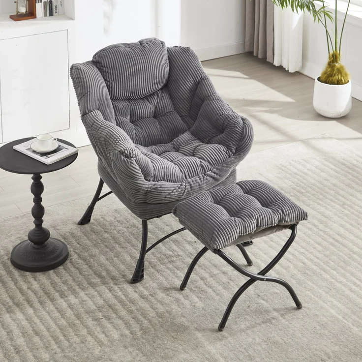 Flieks Loungesessel mit Hocker, ergonomischer Ohrensessel mit Stahlrahmen, weicher Cordstoff, Seitentasche, Grau – Bild 1