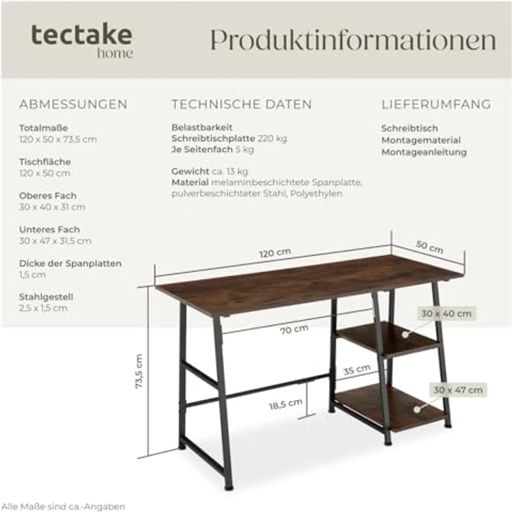 tectake Schreibtisch Computertisch Paisley 120x50x73,5cm (1-St, 1 tlg), Rustikaler Schreibtisch im schnörkellosen Industrial Style – Bild 4