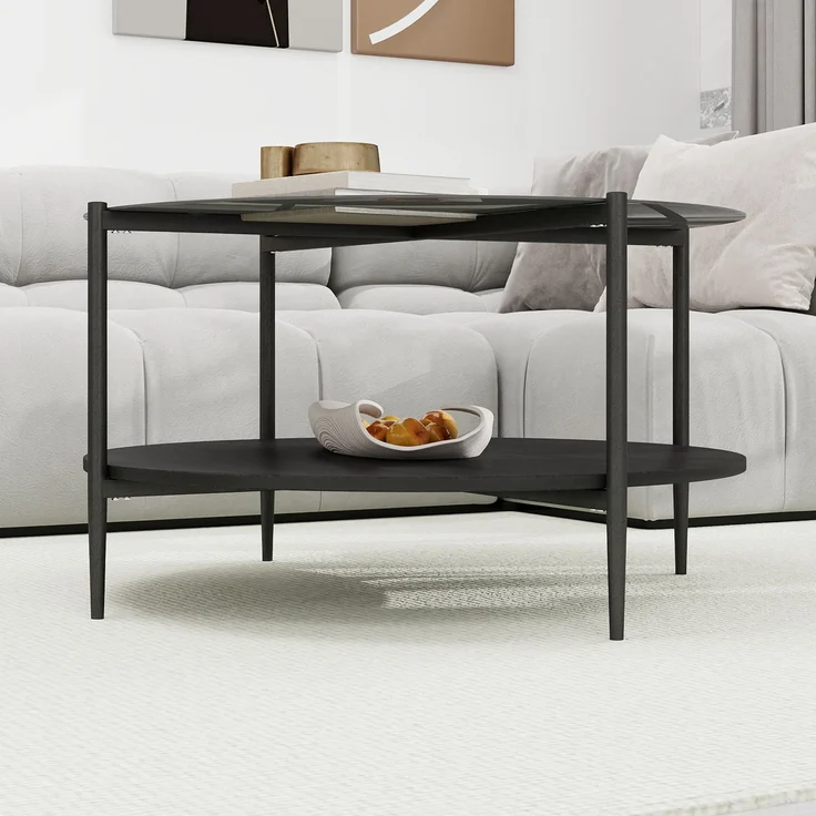 Couchtisch 82 x 82 x 45 cm, mit runder Tischplatte, mit Glastischplatte, aus Glas und Eisen und Holz, Schwarz – Bild 6